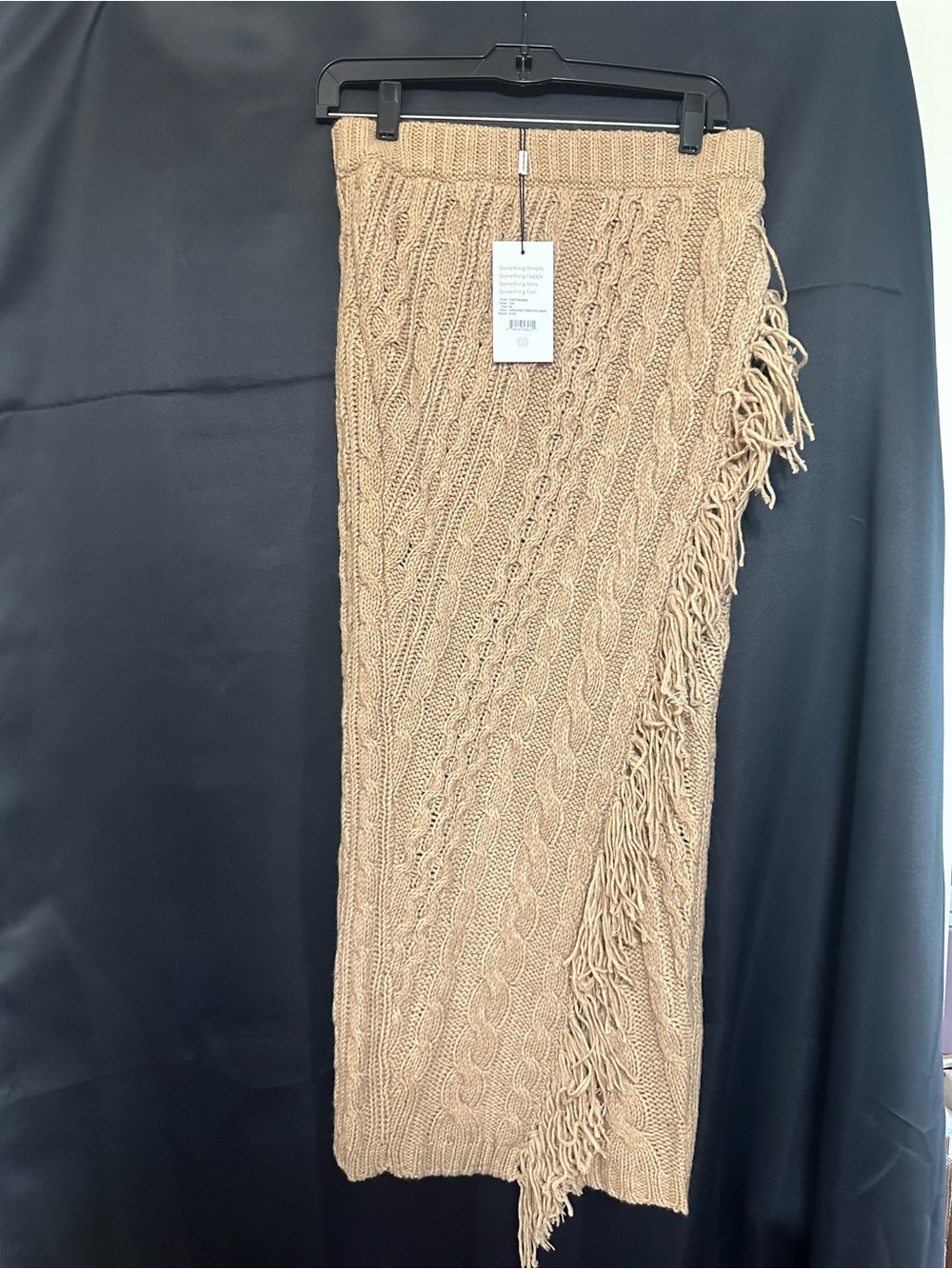 Something Navy Camel Cable Knit Fringe Midi Skirt